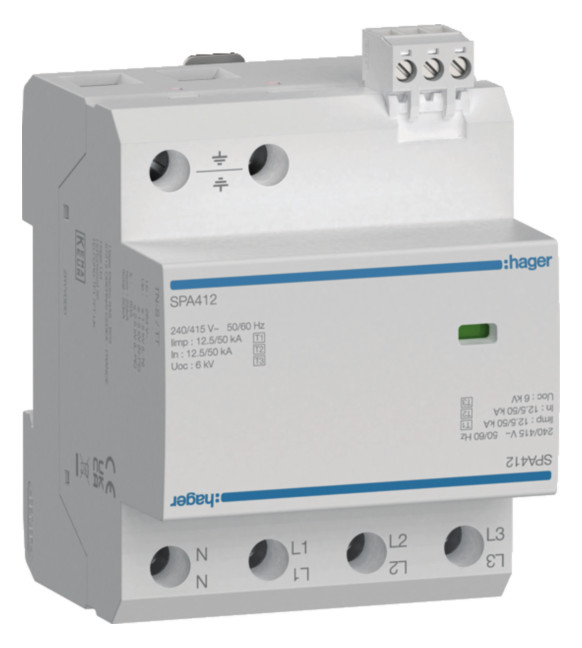 1St. Hager SPA412 Überspan. T1+T2+T3 4P 12.5kA FM TNS/TT