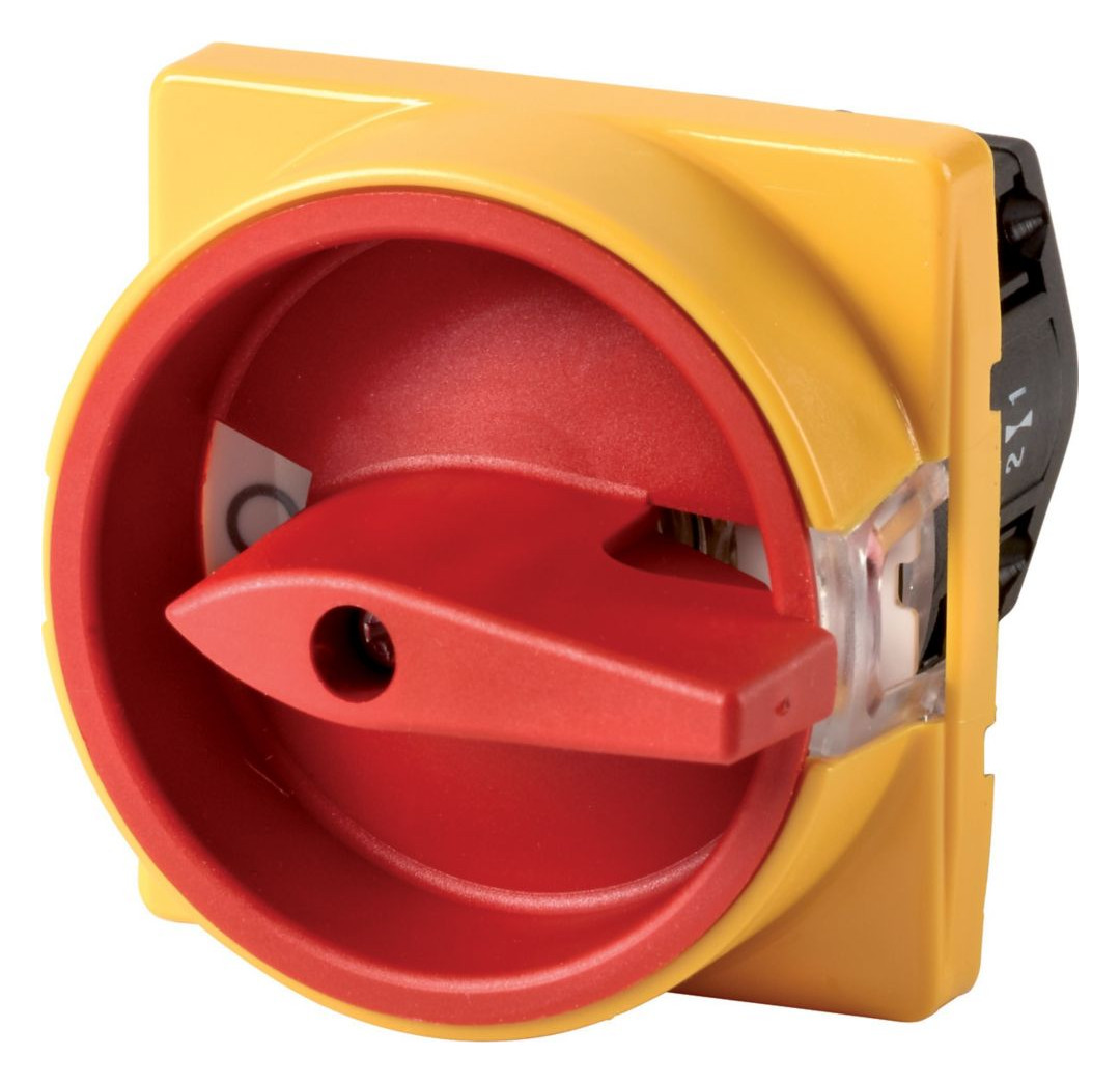 1St. Eaton 045478 Hilfsstromtrennschalter, TM, 10 A, Einbau, Kontakte: 2, NOT-AUS-Funktion, mit rotem Drehgriff und gelb...