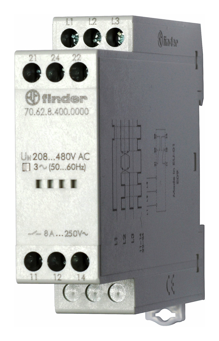 1St. Finder 706284000000 Netzüberwachung, 3-Phasen 208 - 480 V AC, 2 Wechsler 8 A, Phasenfolge und Phasenausfall 70.62.8