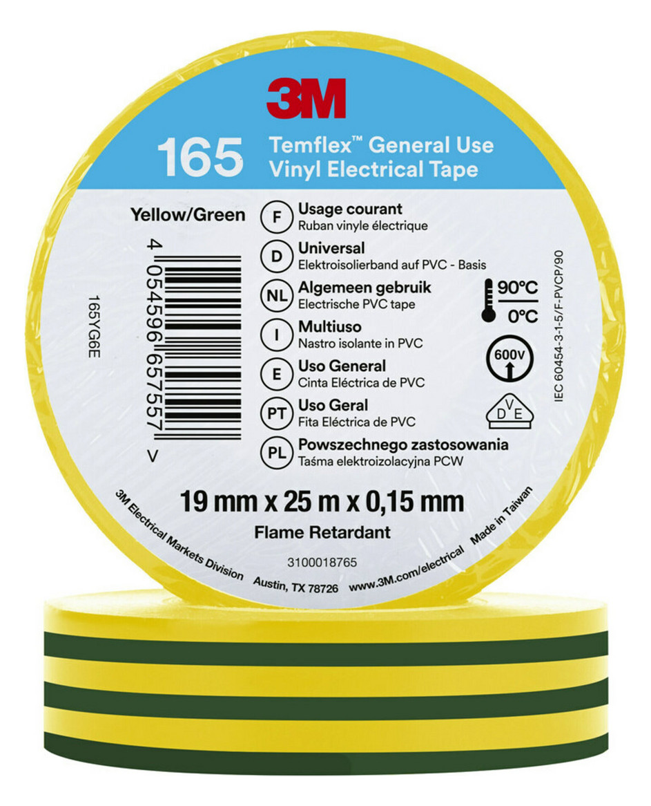 10St. 3M Temflex 19mmxGrün/Gelb 165YG6E Vinyl-Isolierband 0,15mm 7100222494
