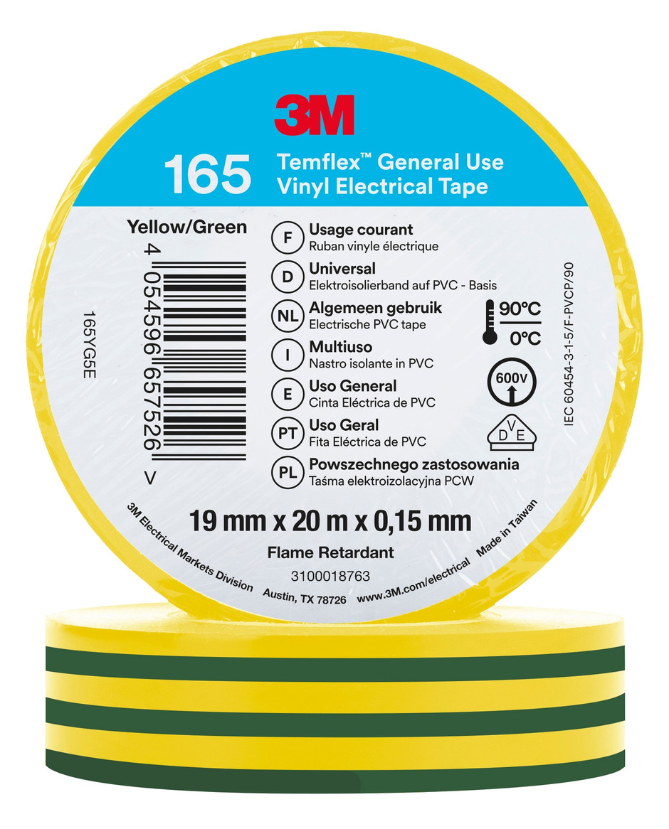 100St. 3M Temflex 165YG5E Isolierband Gruen/Gelb 19mmx20m
