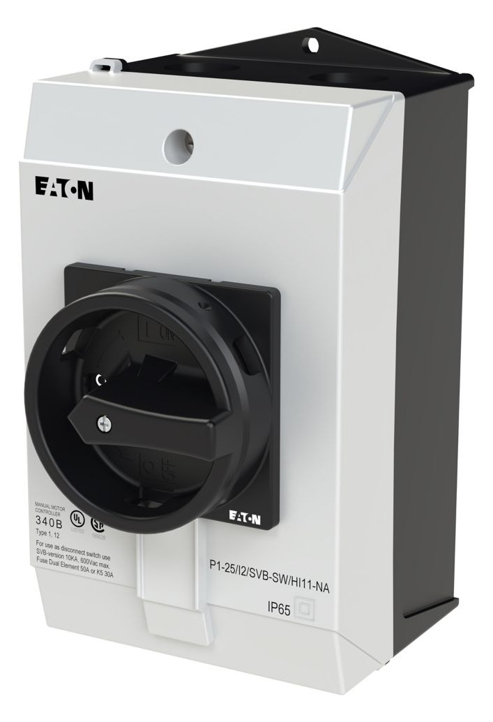 1St. Eaton 255889 Hauptschalter, P1, 25 A, Aufbau, 3-polig, 1 Schließer, 1 Öffner, HALT-Funktion, mit schwarzem Drehgriff und Sperrkranz, UL/CSA P1-25/I2/SVB-SW/HI11-NA