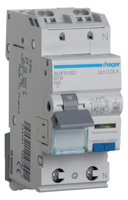 1St. Hager ADF916D FI-LS 1P+N 6kA B-16A 30mA Typ F QC 1St. Hager ADF916D FI-LS 1P+N 6kA B-16A 30mA Typ F QC