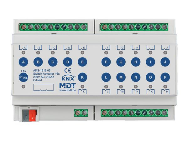1St. MDT AKS-1616.03 Schaltaktor 16-fach REG 230VAC C-Last Standard 140 F 8TE...