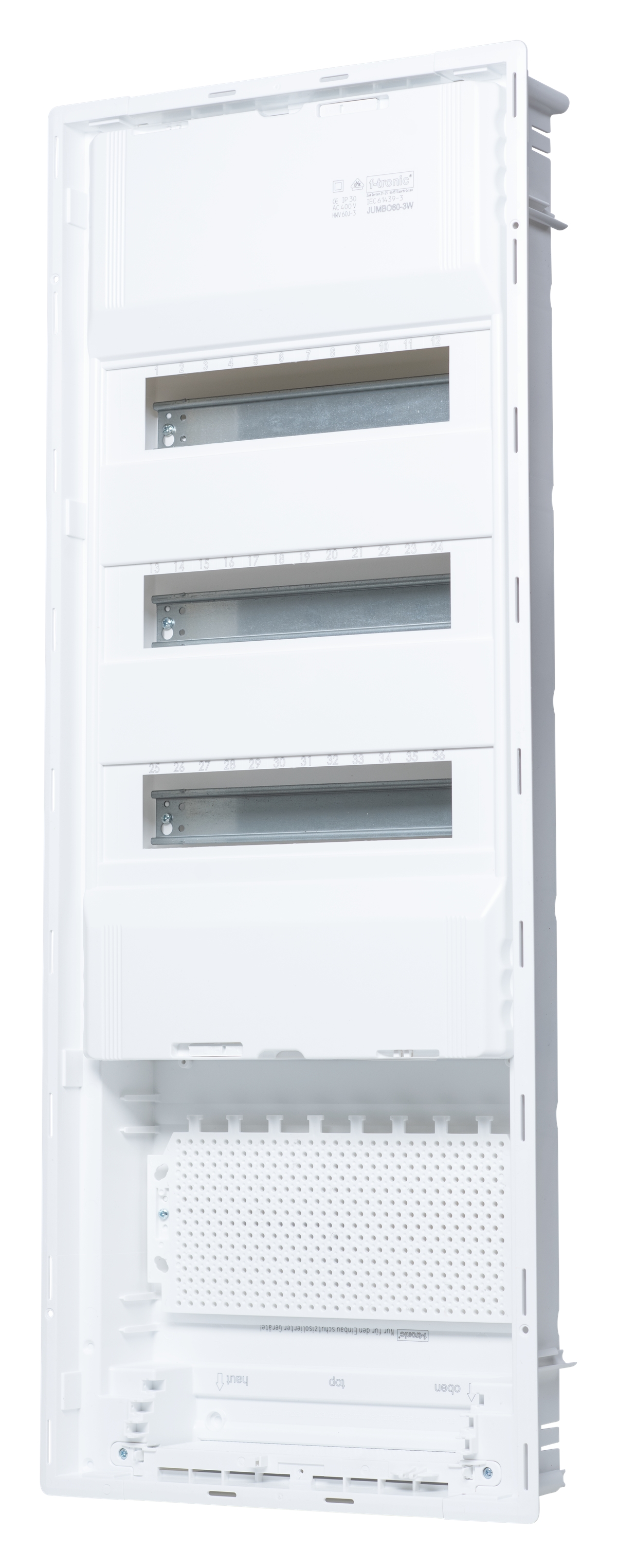 1St. F-Tronic JUMBO60-3W HW/UP Kleinverteiler Twin, Jumbo60-3W, 3-reihig, 36+6 Mod, inkl. Montageplatte, W-LAN Tür 7250070