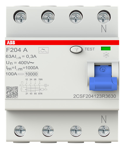 1St. ABB F204 A-63/0.3-L FI-Schutzschalter 4P, Typ A, 63A, 300mA, N links 2CSF204123R3630