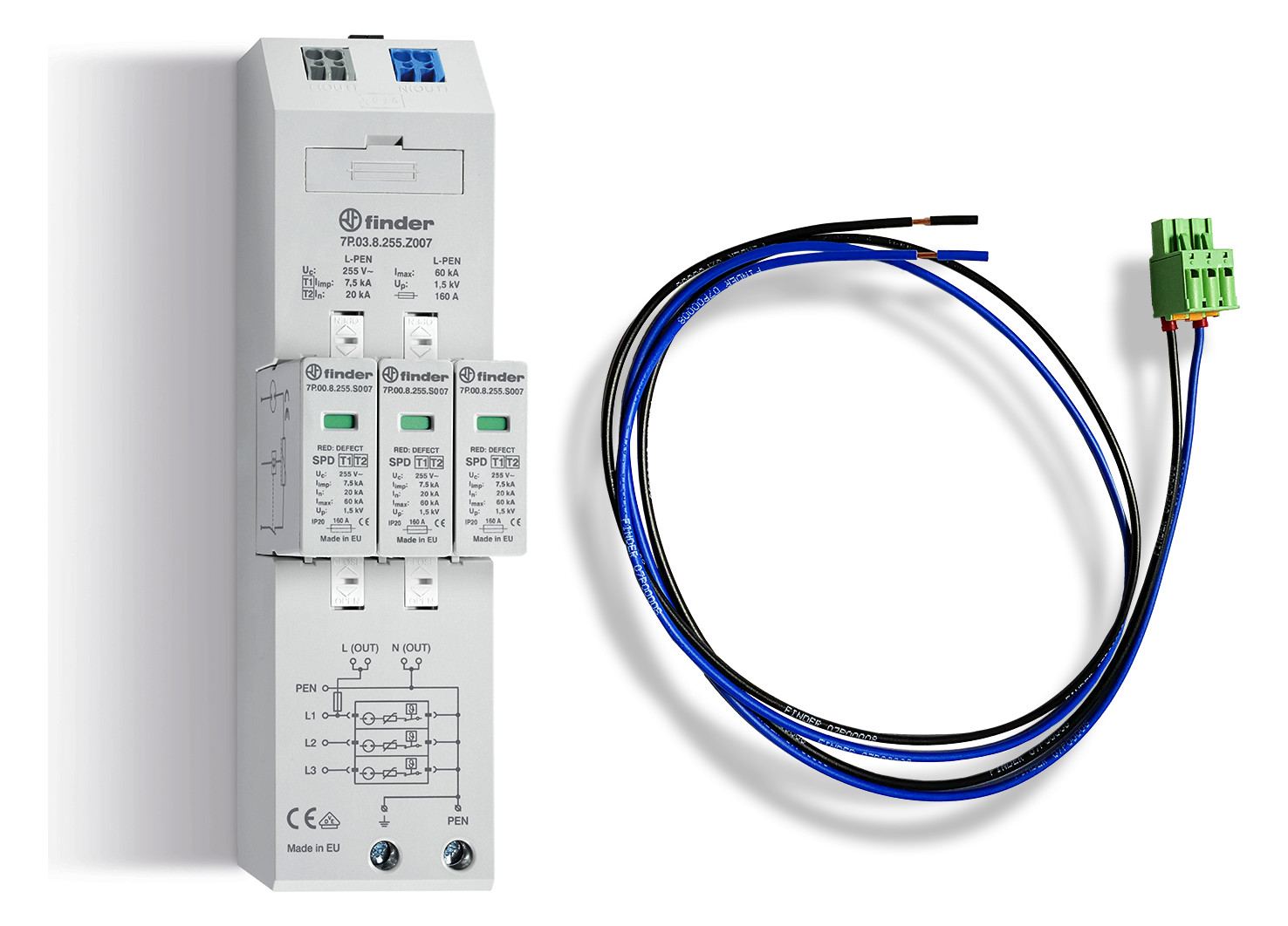 1St. Finder Kombiableiter 7P.04.8.255.Z007C08 Typ 1+2 für dreiphasige TN-S u. TT