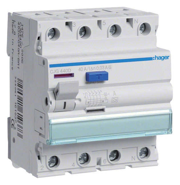1St. Hager CJG440D FI-Schalter 4P 6kA 40A 30mA Typ G/A-VS 1St. Hager CJG440D FI-Schalter 4P 6kA 40A 30mA Typ G/A-VS