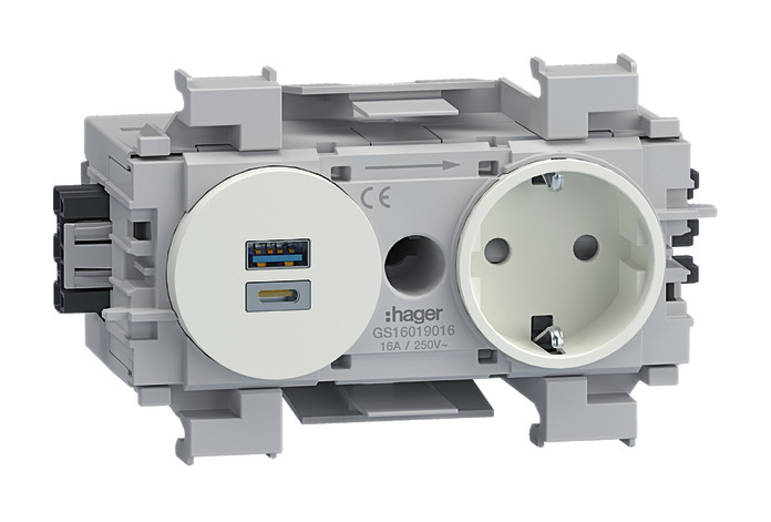 1St. Hager GS16019016 Steckdose 1-fach mit USB-Charger A+C 15W Wago Winsta Frontrastend verkehrsweiß