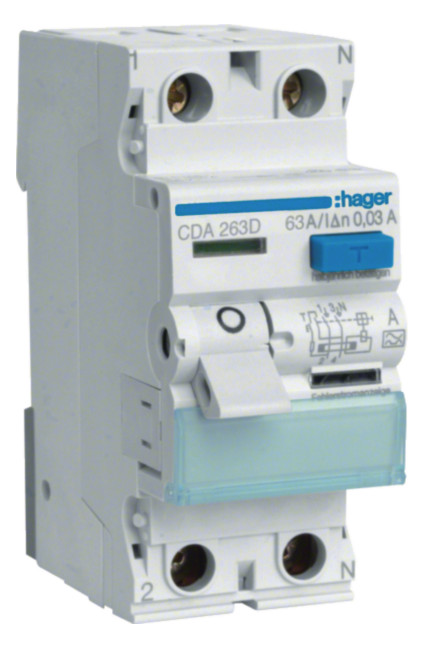 1St. Hager CDA263D FI-Schalter 2P 6kA 63A 30mA Typ A 1St. Hager CDA263D FI-Schalter 2P 6kA 63A 30mA Typ A