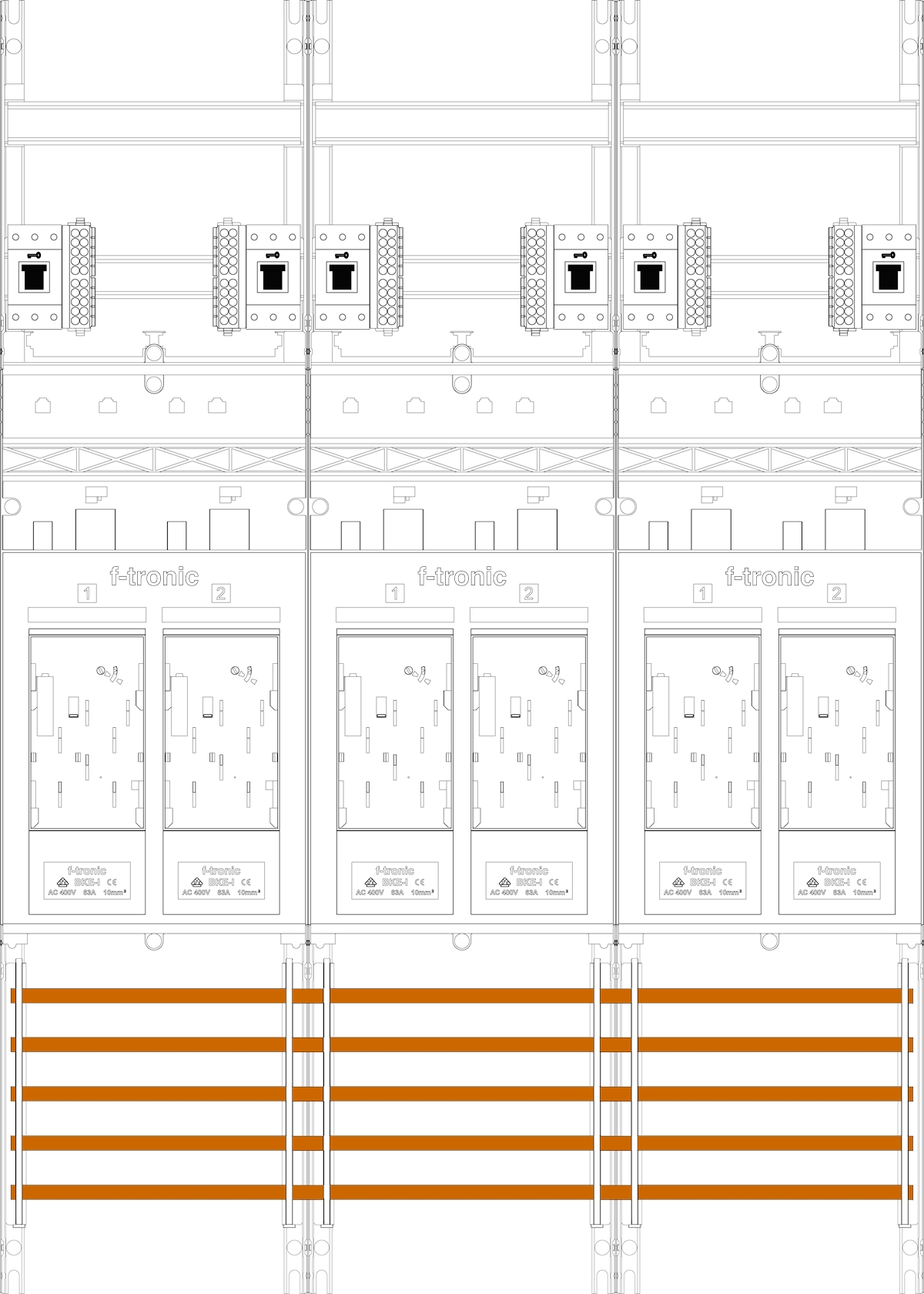 1St. F-Tronic E316-HSS Zählerfeld E316-HSS, 3-feldrig, H=1050mm, 6-eHZ, 6 HSS 7141122