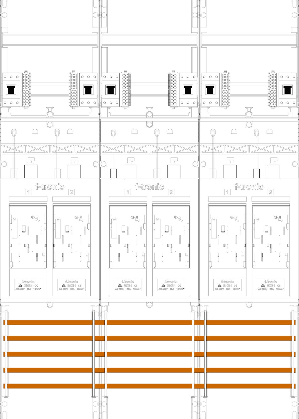 1St. F-Tronic E316DS-HSP Zählerfeld E316DS-HSP,H=1050mm, 3-feldrig, 6-eHZ mit DS, 6 HSP 7141222