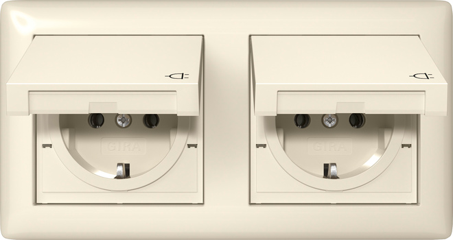 1St. Gira 415801 SCHUKO-Steckdose 2fach 16A 250V mit Klappdeckel, komplett mit Dichtungsset IP44 und Abdeckrahmen, Cremeweiß glänzend