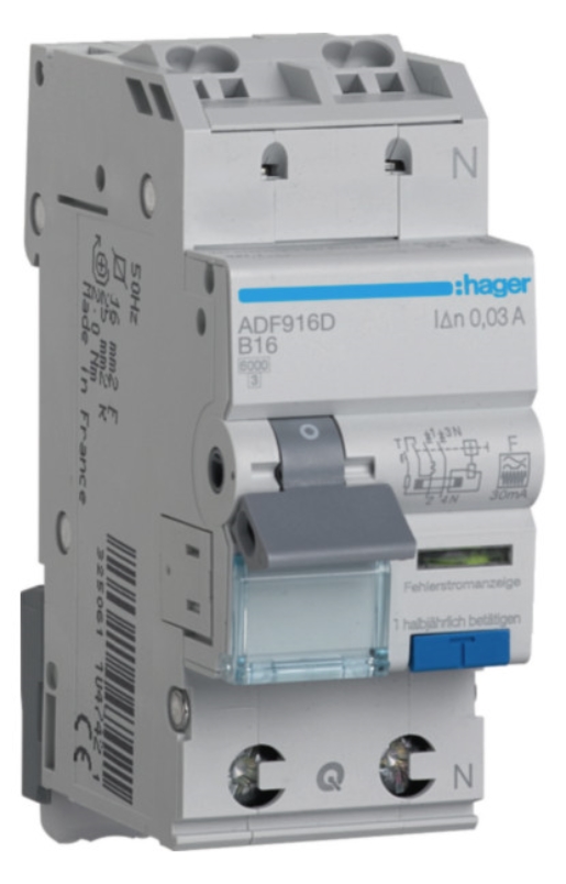 1St. Hager ADF916D FI-LS 1P+N 6kA B-16A 30mA Typ F QC