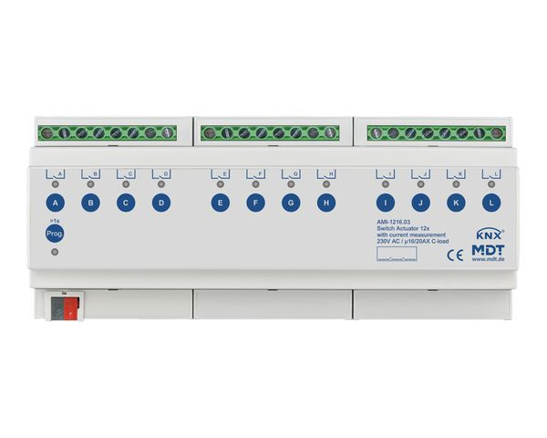 1St. MDT AMI-1216.03 Schaltaktor 12-f 12TE REG16/20A 230VAC C-Last m.Strommess200