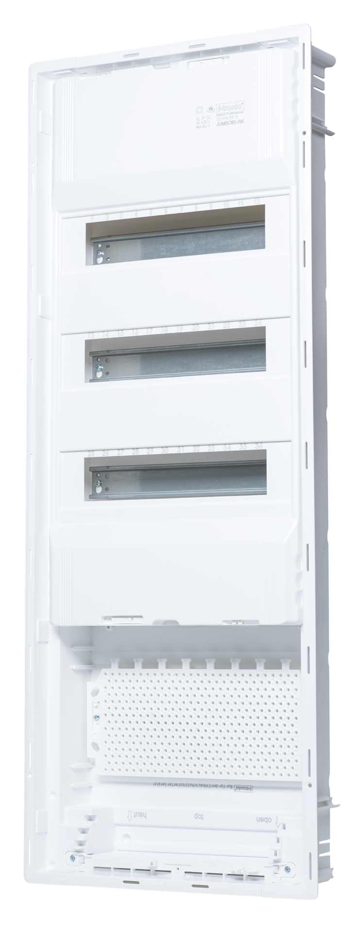 1St. F-Tronic JUMBO60-3W HW/UP Kleinverteiler Twin, Jumbo60-3W, 3-reihig, 36+6 Mod, inkl. Montageplatte, W-LAN Tür 7250070