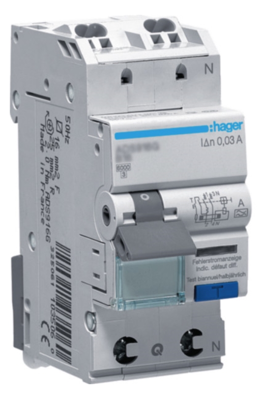 1St. Hager ADS960D Fi/LS-Schalter 1P+N 6kA C-10A 30mA Typ A QC