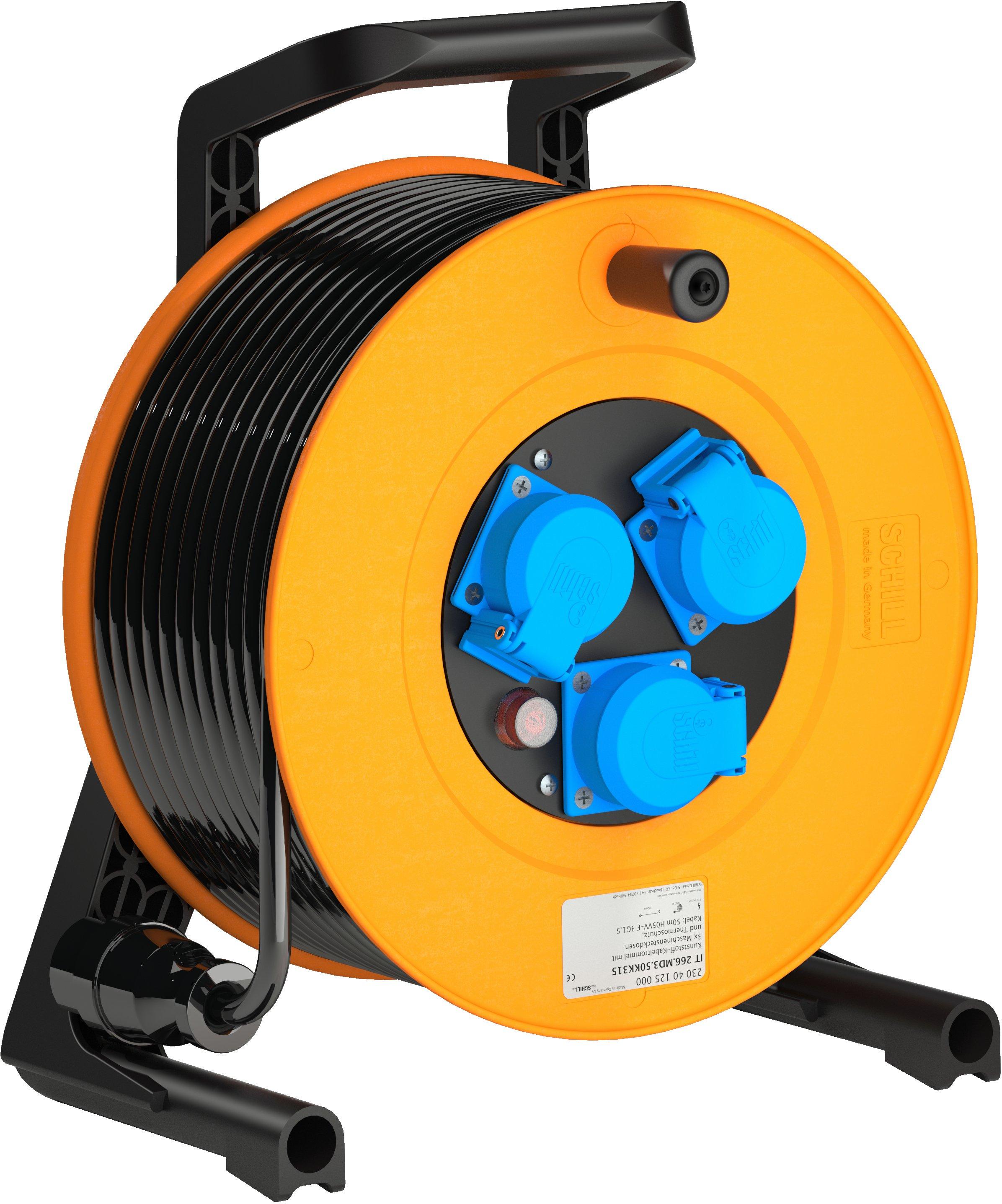 1St. Schill 230 40 125 000 Kunststoff-Kabeltrommel. mit 3 Maschinensteckdosen Mit 50 m Kabel H05VV-F 3G1,5 IT 266.MD3.50KK315