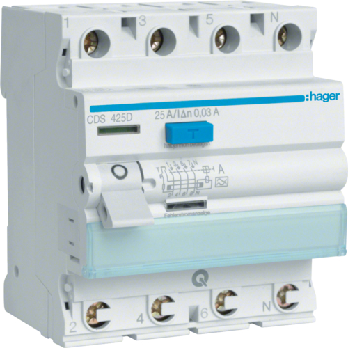Hager CDA425D Fehlerstromschutzschalter 4 polig 6kA 25A 30mA Typ A...