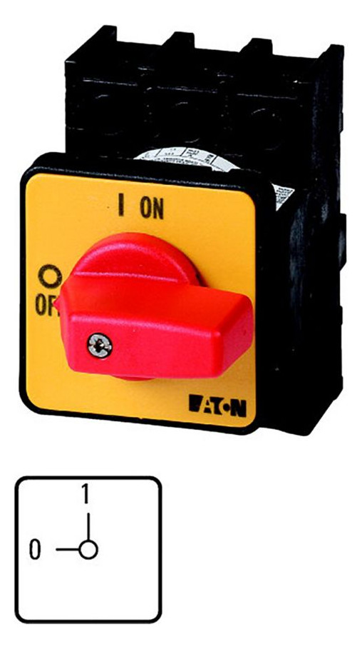 1St. Eaton 002388 EIN-AUS-Schalter, P1, 25 A, Einbau, 3-polig, NOT-AUS-Funktion, mit rotem Knebel und gelbem Frontschild P1-25/E-RT