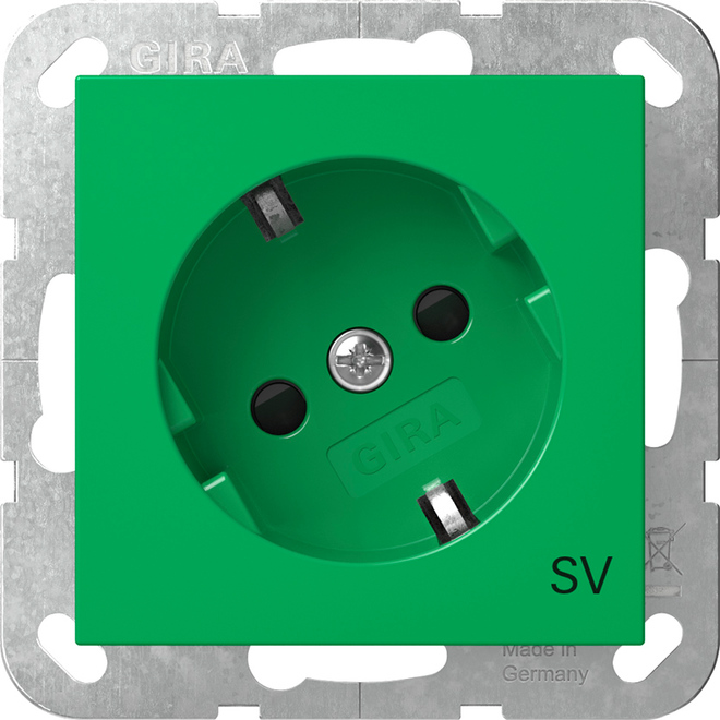 1St. Gira 4418107 Steckdose 16A 250V mit um 30 gedrehtem Einsatz und Shutter, Aufdruck SV, Grün glänzend