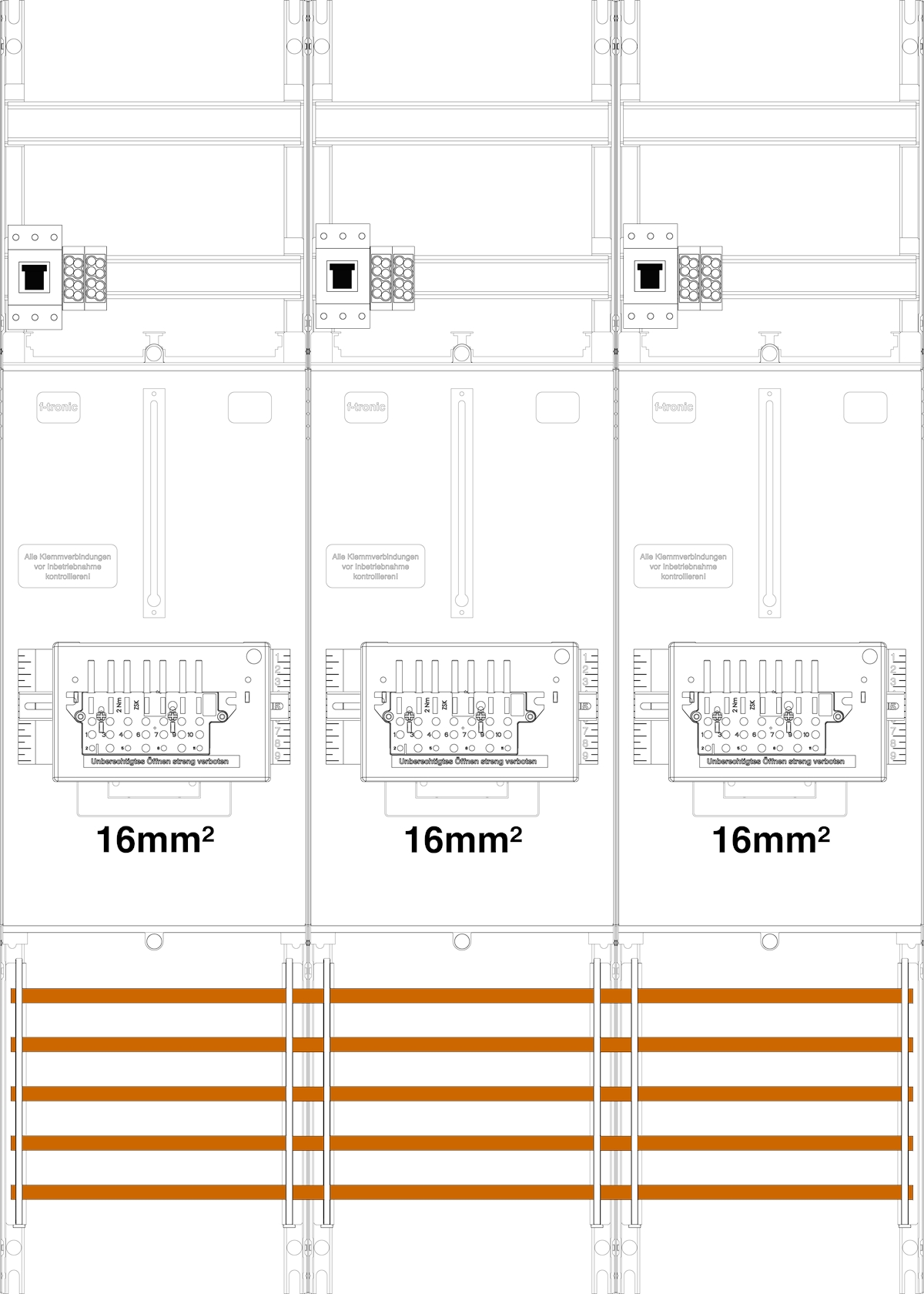 1St. F-Tronic Z31B-16-ZSK-HSP Zählerfeld Z31B-16-ZSK-HSP, 3-feldrig, H=1050mm, 3-3.HZ, 16mm², 3 ZSK-Set, 3 HSP 7141510