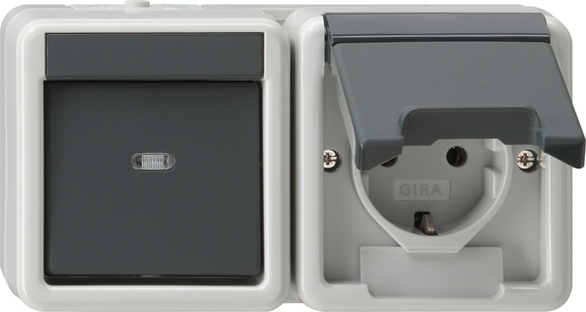 1St. Gira 417730 Kombi Wippschalter/ Steckdose 16A 250V waagerecht mit Klappdeckel ohne Befestigungskrallen