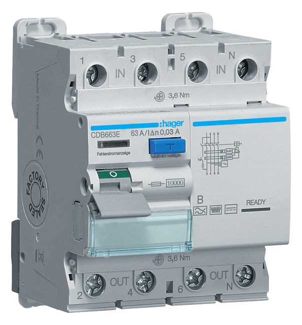 1St. Hager CDB663E Fehlerstromschutzschalter 4 polig 10kA 63A 30mA Typ B