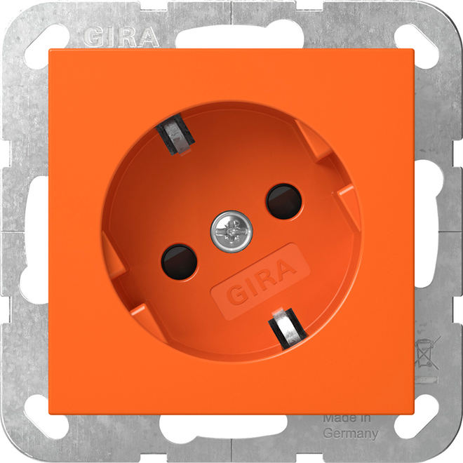 1St. Gira 4418109 Steckdose 16A 250V mit um 30 gedrehtem Einsatz und Shutter, Aufdruck ZSV, Orange glänzend