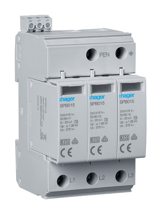 1St. Hager SPB315 Überspannungsableiter T2 3P 40kA TNC Defektanzeige + Kontakt 1St. Hager SPB315 Überspannungsableiter T2 3P 40kA TNC Defektanzeige + Kontakt