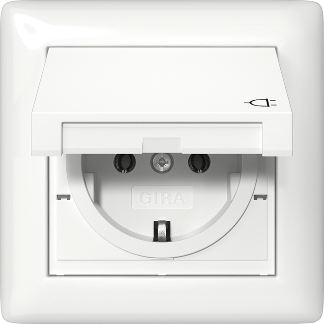 1St. Gira 415703 Steckdose 16A 250V mit Klappdeckel, komplett mit Dichtungsset IP44 und Abdeckrahmen Reinweiß glä