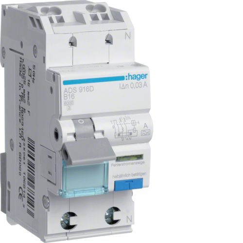 1St. Hager ADS916D Fi/LS-Schalter 1P+N 6kA B-16A 30mA Typ A QC...