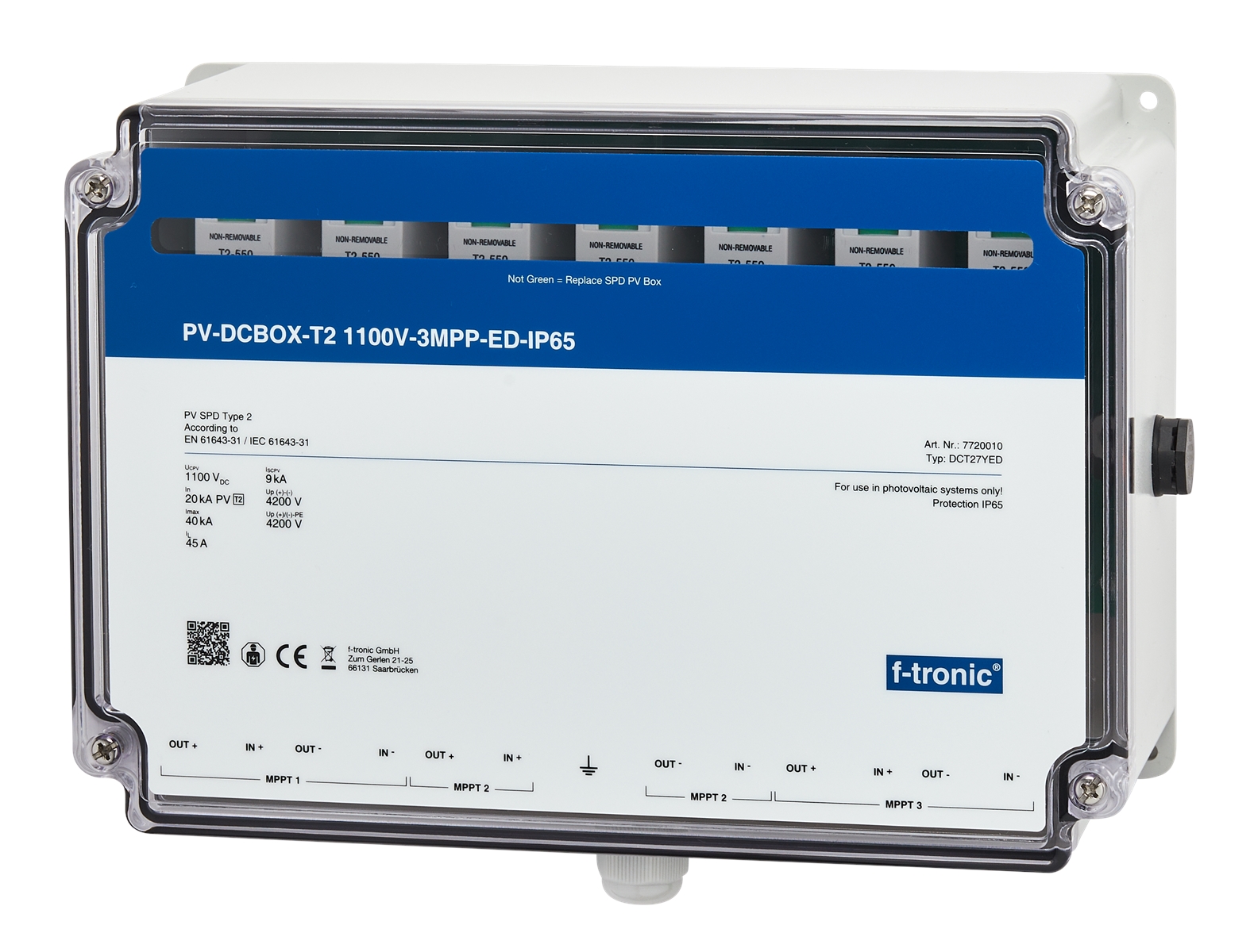 1St. F-Tronic DCT27YED PV-DCBOX-T2 1100V-3MPP, ED-IP65, Kabeldurchführung, DCT27YED 7720010