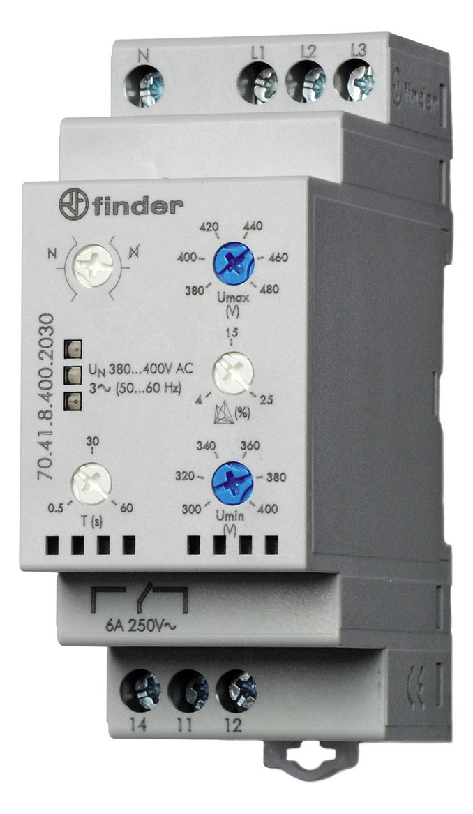1St. Finder 704184002030 Netzüberwachung, 3-Phasen 380 - 415 V AC, 1 Wechsler 6 A, Phasenausfall, Phasenfolge, Asymmetrie, Über-und Unterspannung, N-Leiter 70.41.8.400.2030