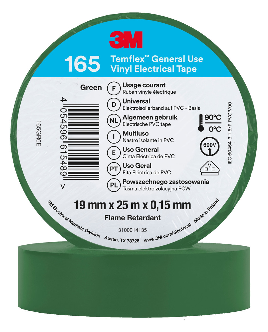 1St. 3M Temflex 165 Isolierband Gruen 19mmx25m