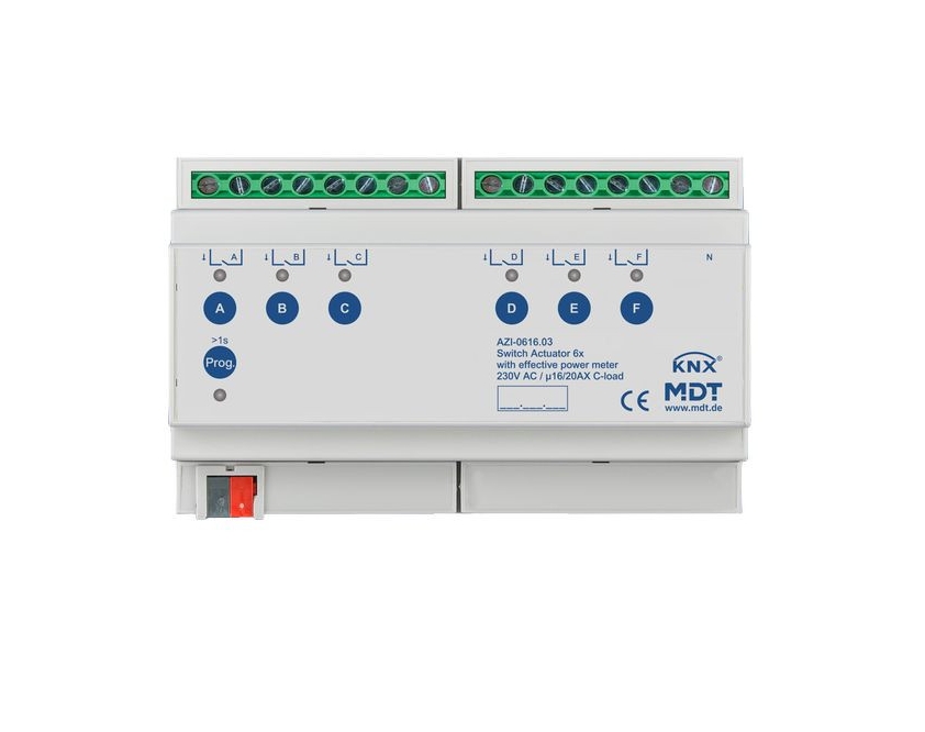 1St. MDT Schaltaktor 6-fach, 8TE AZI-0616.03 230 V AC, mit Wirkleistungszähler, 200