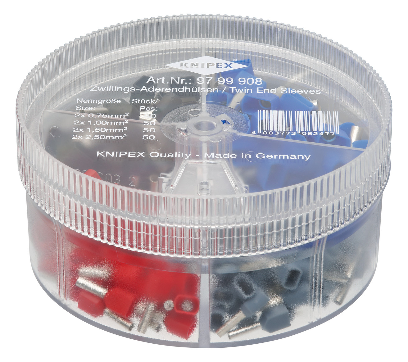 1St. Knipex 97 99 908 Sortimentsboxen mit Aderendhülsen isolierte Twin-Aderendhülsen nach DIN-Farbcode 50x0,75 (grau)/50