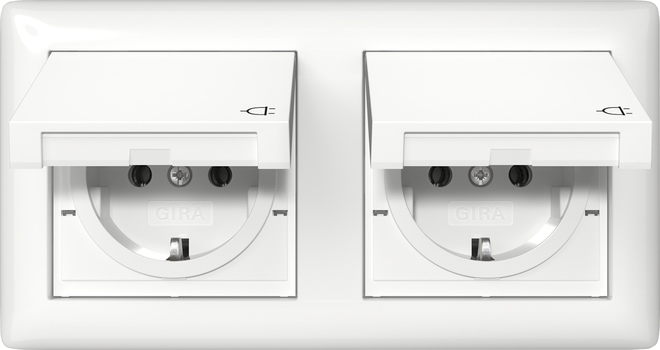 1St. Gira 415803 SCHUKO-Steckdose 2fach 16A 250V mit Klappdeckel, komplett mit Dichtungsset IP44 und Abdeckrahmen, Reinweiß glänzend
