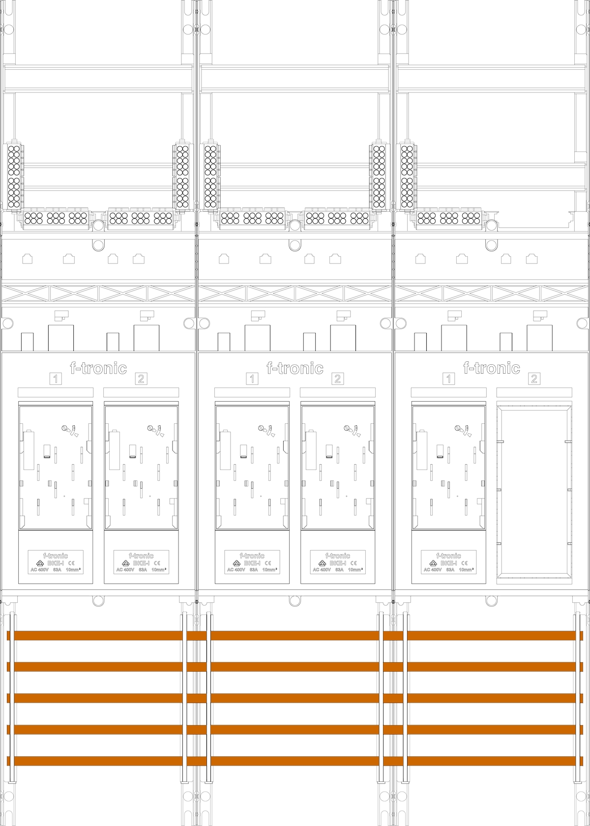 1St. F-Tronic E216ER6 Zählerfeld E216ER6, 3-feldrig, H=1050mm, 5-eHZ, 1 Res. 7141021