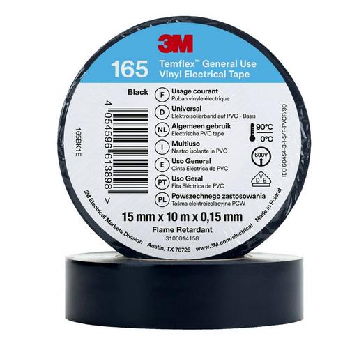 10St. 3M Temflex 15mmxSchwarz 165BK1E Vinyl-Isolierband 0,15mm 7100184723