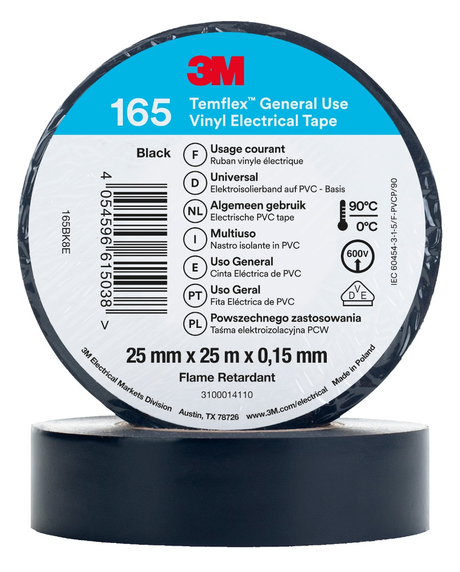 1St. 3M Temflex 165 Isolierband Schwarz 25mmx25m