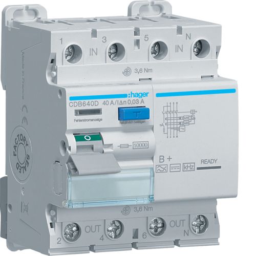 1St. Hager CDB640D Fehlerstromschutzschalter 4 polig 10kA 40A 30mA Typ B+