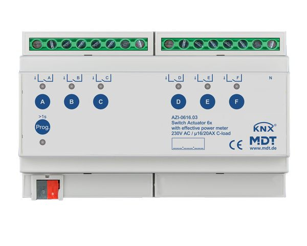 1St. MDT Schaltaktor 6-fach, 8TE AZI-0616.03 230 V AC, mit Wirkleistungszähler, 200