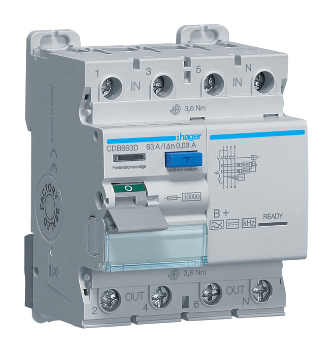 1St. Hager CDB663D Fehlerstromschutzschalter 4 polig 10kA 63A 30mA Typ B+