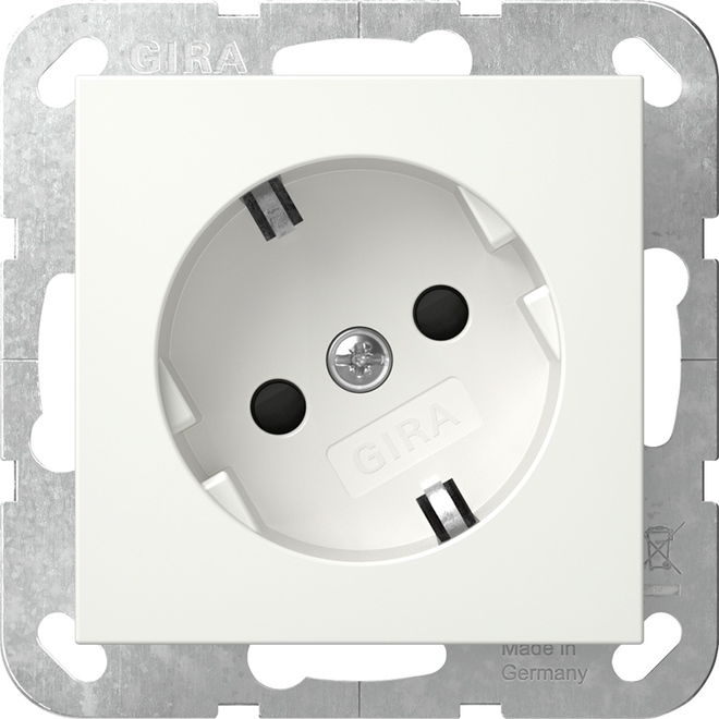 1St. Gira 441827 SCHUKO-Steckdose 16A 250V mit um 30 gedrehtem Einsatz und Shutter, ohne Befestigungskralle, Reinweiß seidenmatt