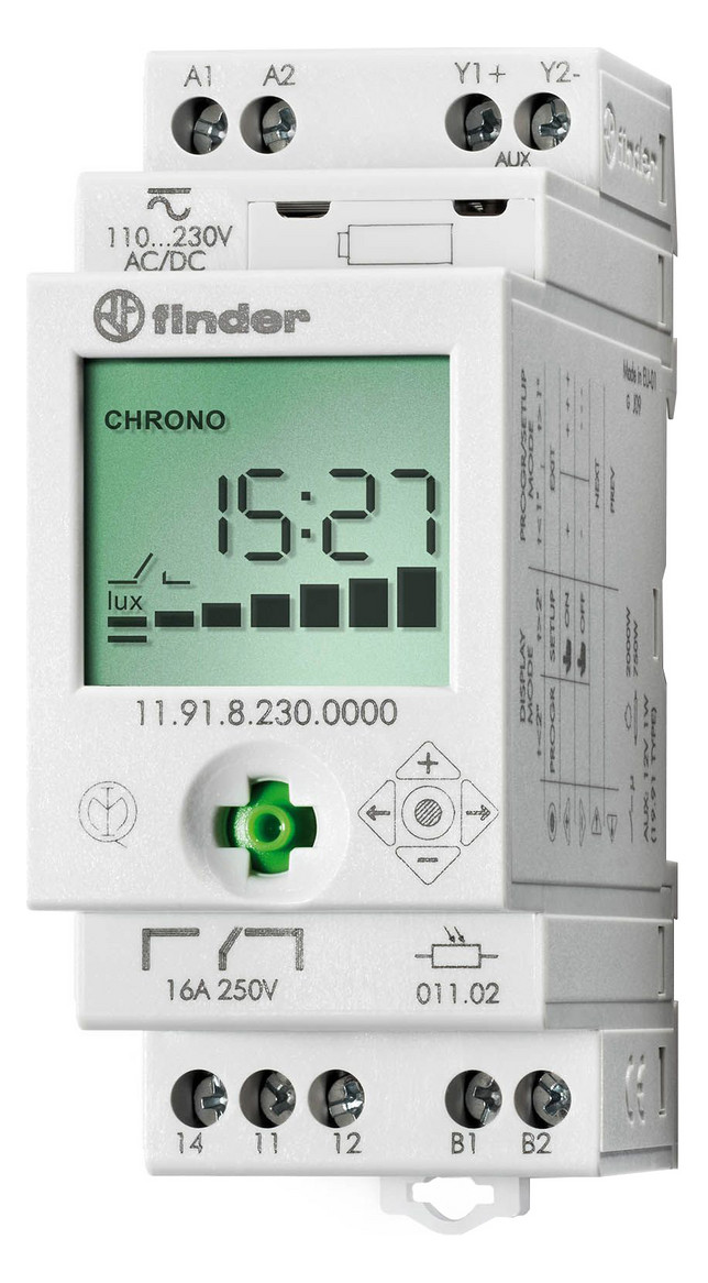 1St. Finder 119182300000 Dämmerungsschalter und Schaltuhr, bis 150 Lux, 1 Wechsler 16 A + 1 Modulausgang, für 230 V AC 11.91.8.230.0000