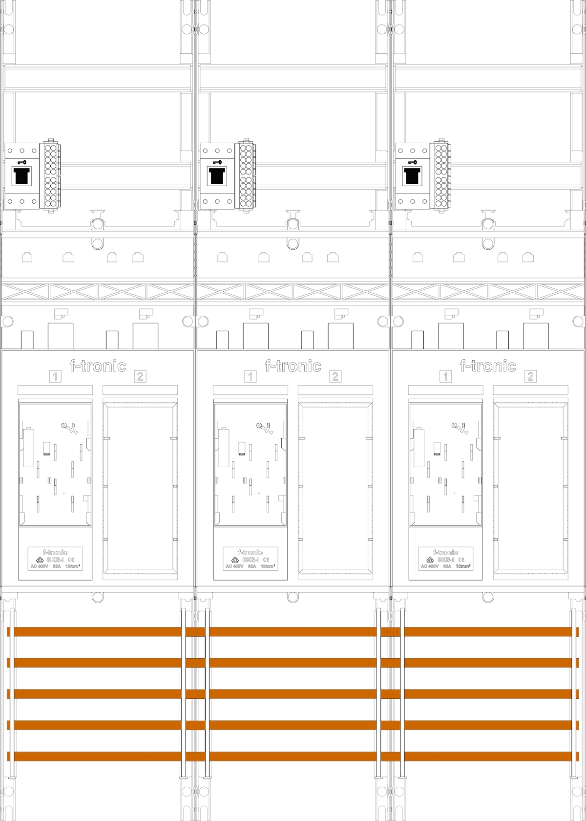 1St. F-Tronic ER36-HSS Zählerfeld ER36-HSS, 3-feldrig, H=1050mm, 3-eHZ, 3 HSS, 3 Res. 7141103