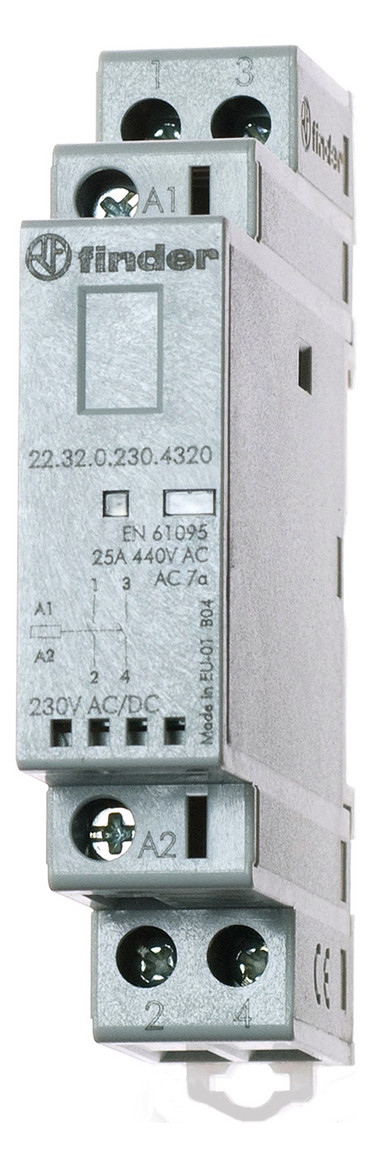 1St. Finder 223200244320 Schütz für Reiheneinbau, 2 Schließer 25 A, Spule 24 V AC/DC, LED-Anzeige 22.32.0.024.4320