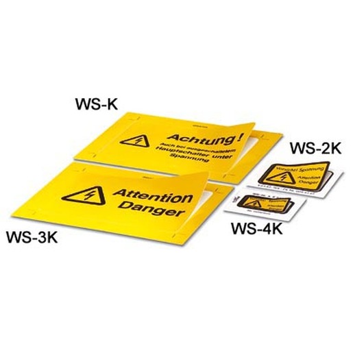 10St. Phoenix Contact WS-K Klebe-Warnschild Blitzpfeil -Achtung ! Auch bei ausgeschaltetem Hauptschalter unter Spannung 1004500