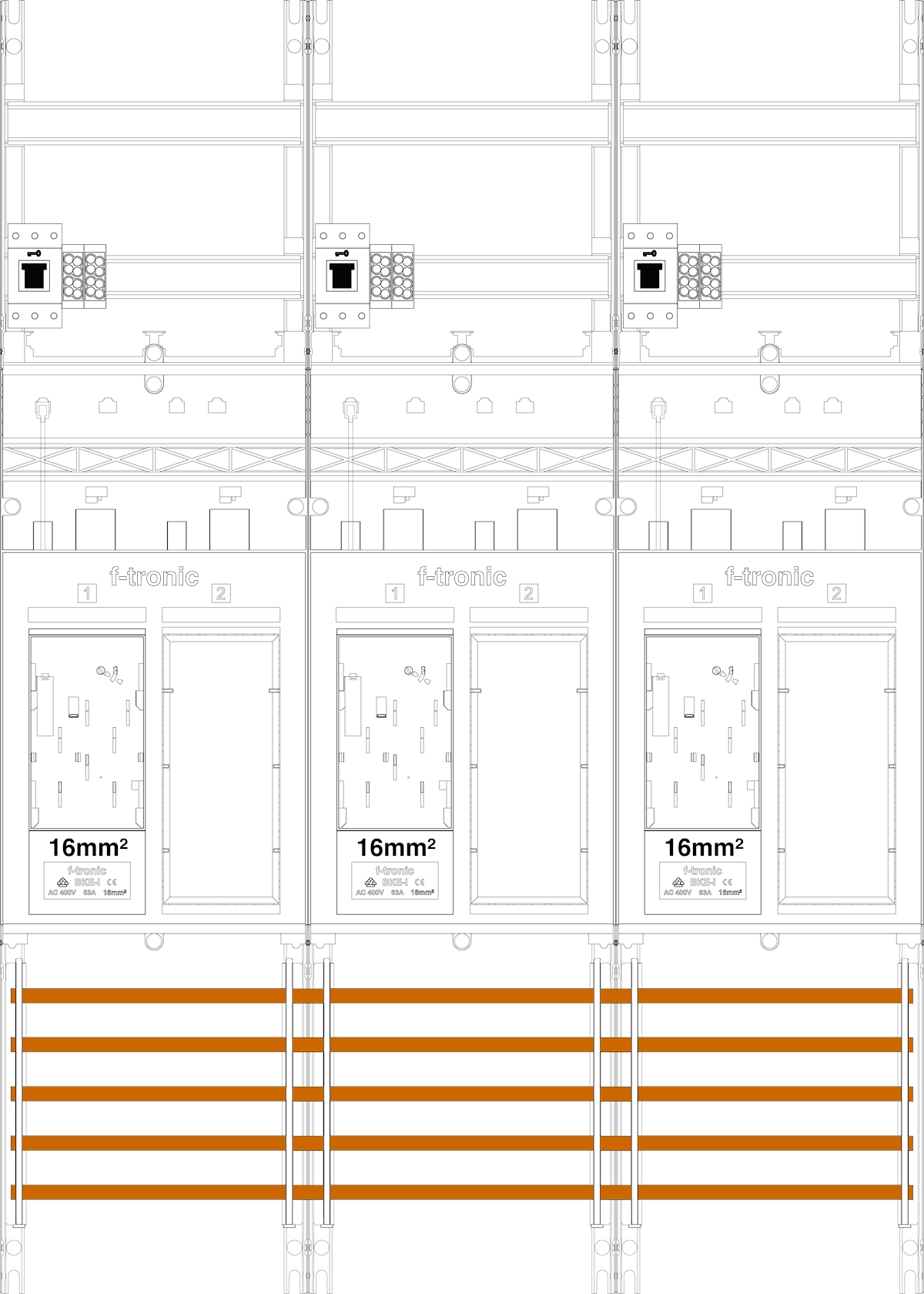 1St. F-Tronic ER36DS-16-HSS Zählerfeld ER36DS-16-HSS, 3-feldrig,H=1050mm,3-eHZ 16mm², mit DS, 3 HSS, 3 Res. 7141257